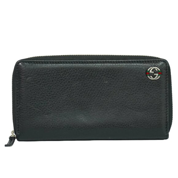 GUCCI Sherry Interlocking G Leather 308796 Round Zip Wallet Black Silver